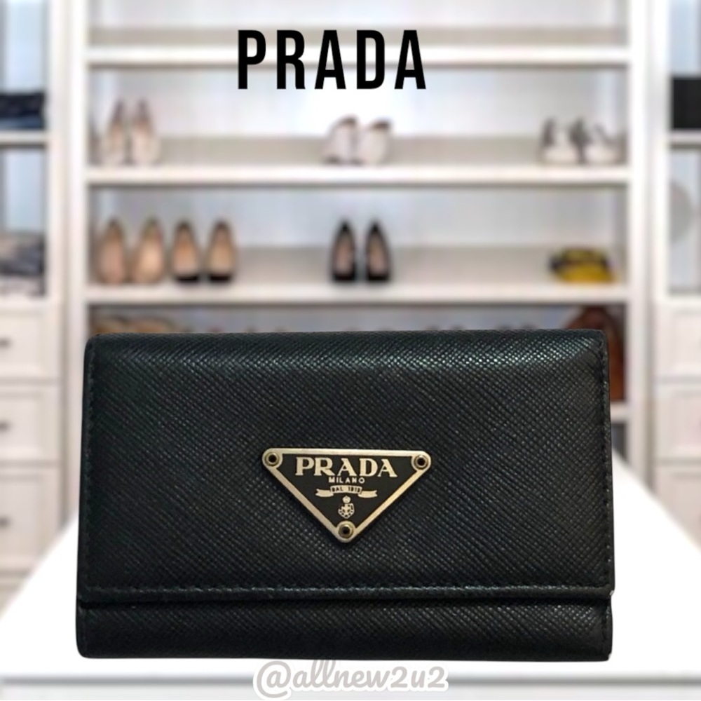 Prada Logo Black Silver Plaque Tri-Fold Key Case Key Unisex Logo Luxury